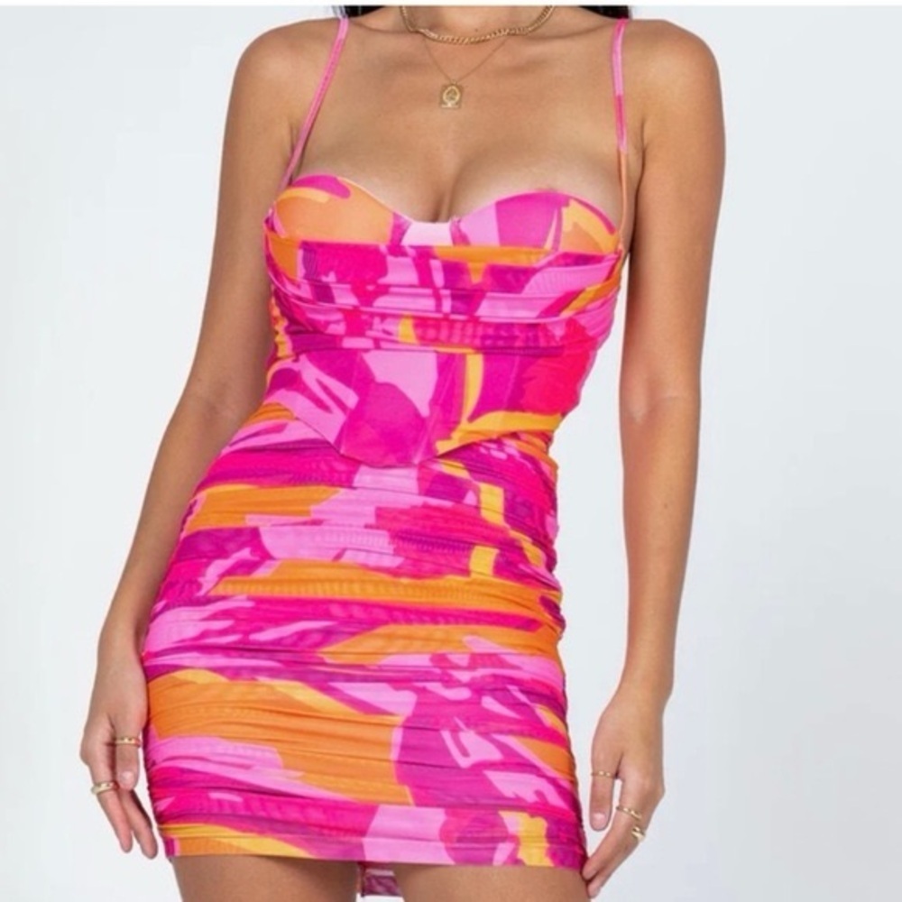 Princess Polly Charmie Mini Dress Pink Muti Color Rouched with Underwire size 12
